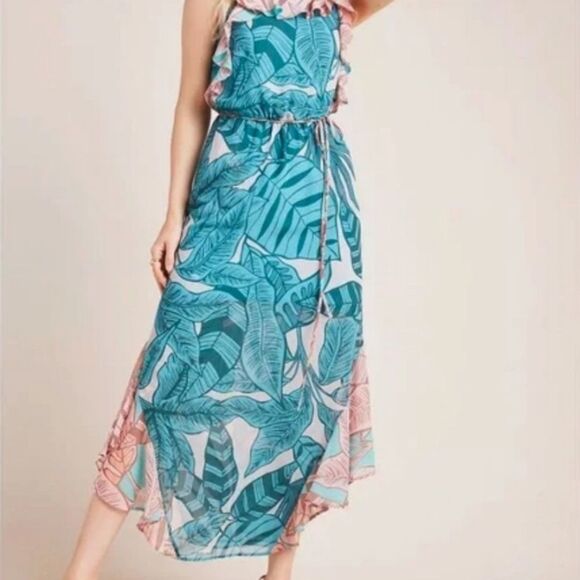 Anthropologie FARM Rio Ruffled Botanical Maxi Dress Leaf Print Teal Pink Size LP - Picture 3 of 13
